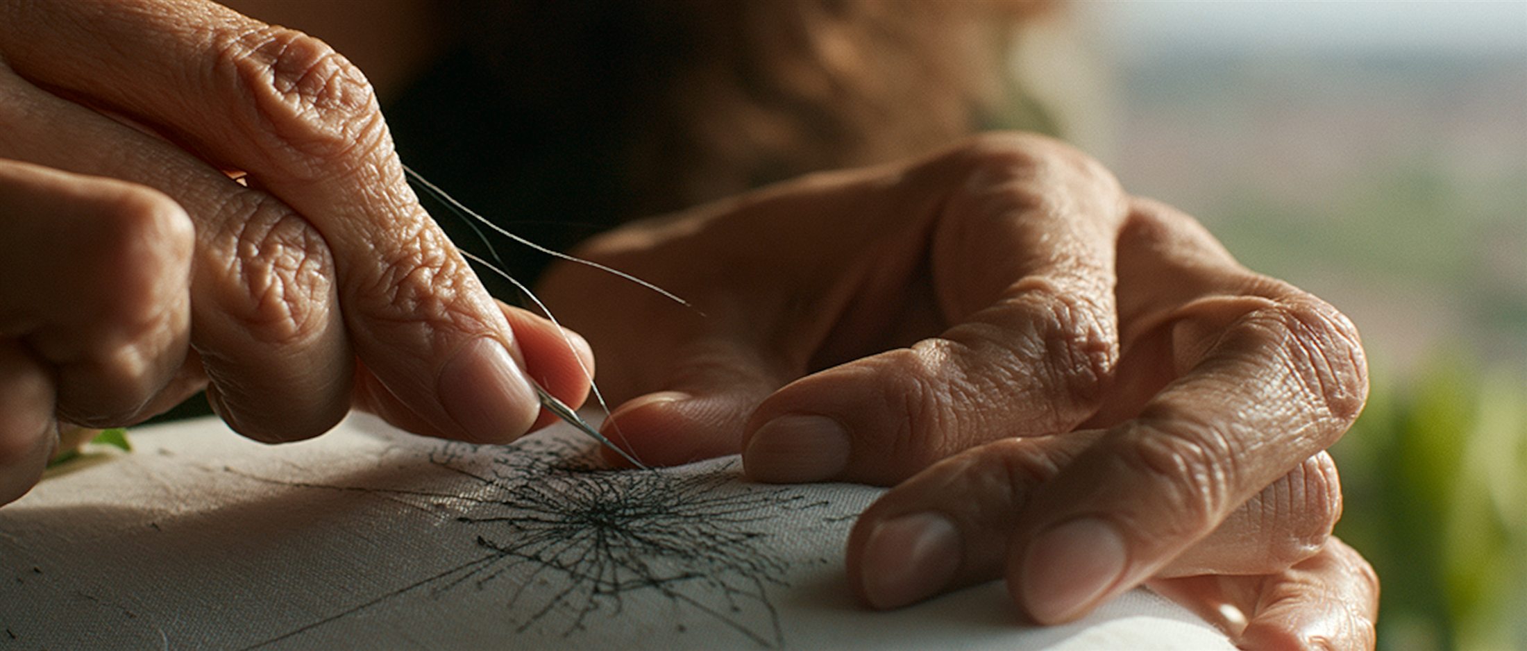 Mains artisanes cousant une broderie en gros plan