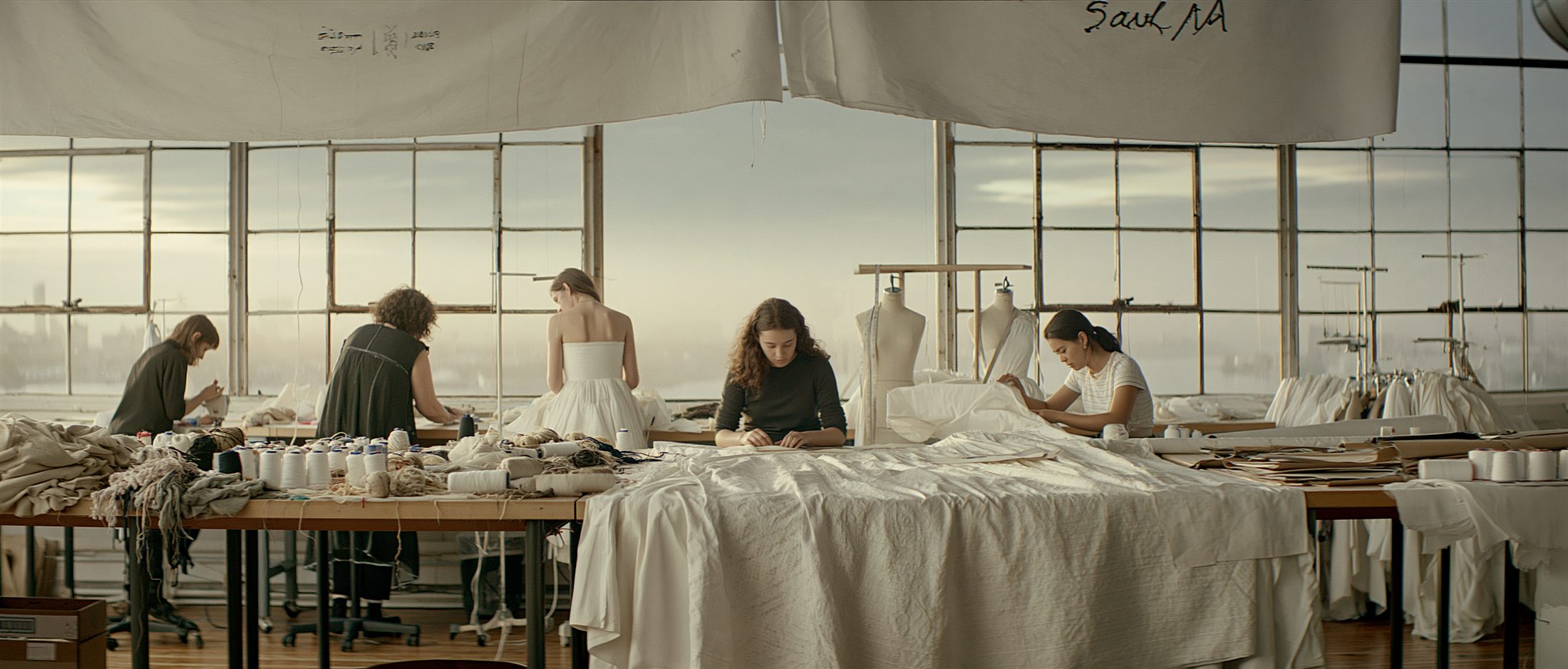 Grand atelier textile lumineux avec créateurs au travail